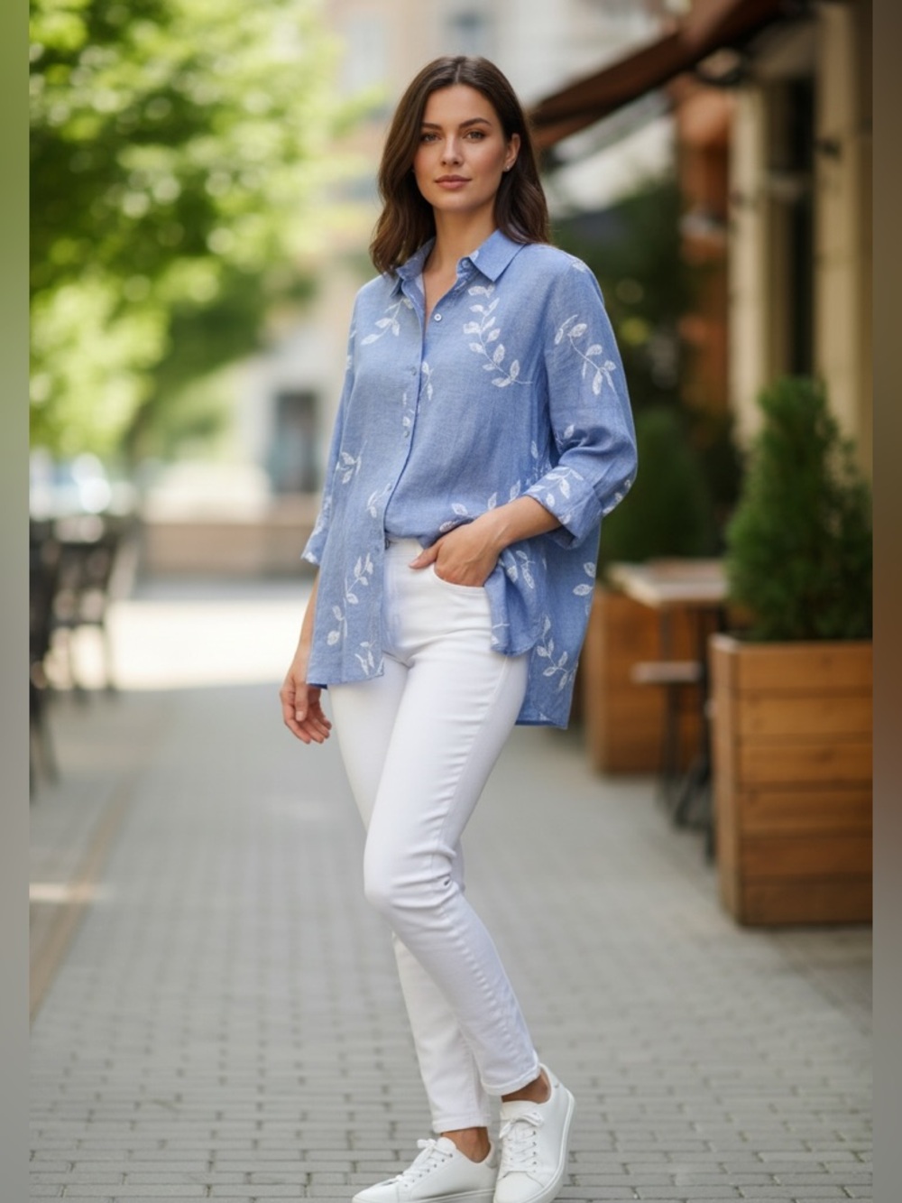 Susan Graver Linen Blend Chambray Floral Leaf Print Button Down Blouse T…
